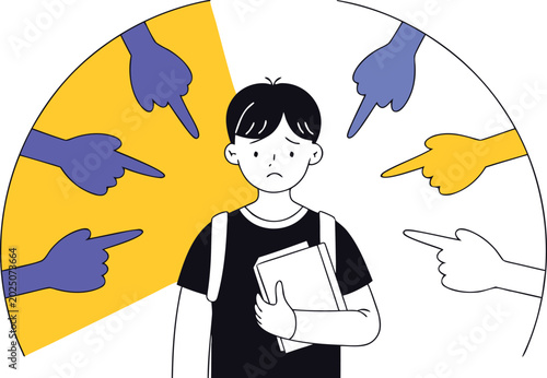 Foto Sad student being bullied by pointing fingers