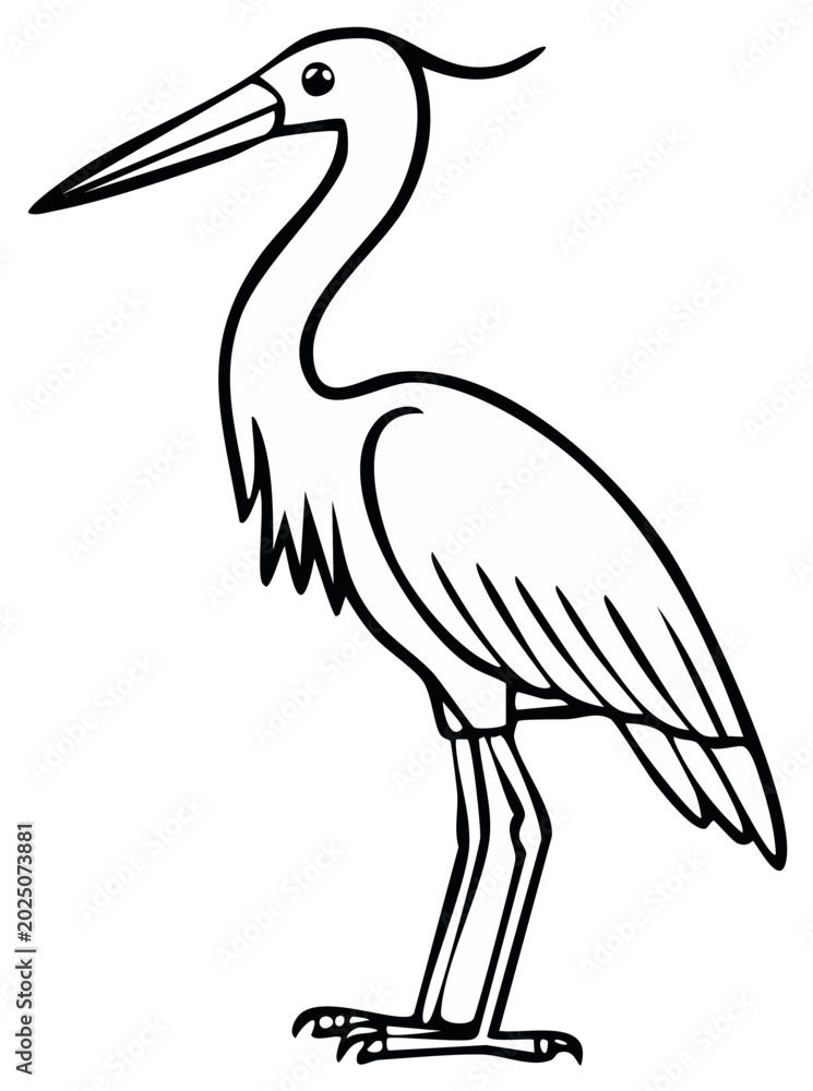 Naklejka premium Stylized Outline of a Standing Heron with Long Neck and Beak
