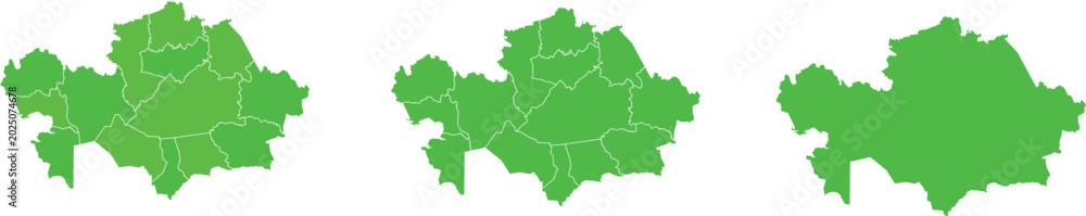 Obraz premium Kazakhstan Green Map Three Size Variations with Region Borders
