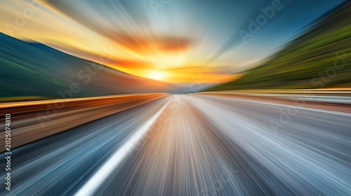 Empty mountain road at sunset with motion blur effect