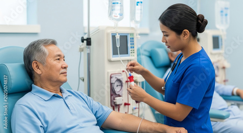 Senior Asian patient receiving kidney dialysis treatment from a professional female nurse in a modern medical clinic or hospital center environment.
