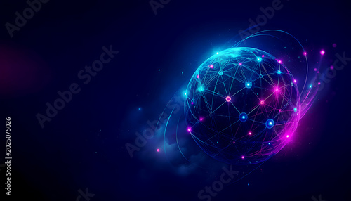 Global digital communication network with glowing connected nodes forming a futuristic cyberspace globe