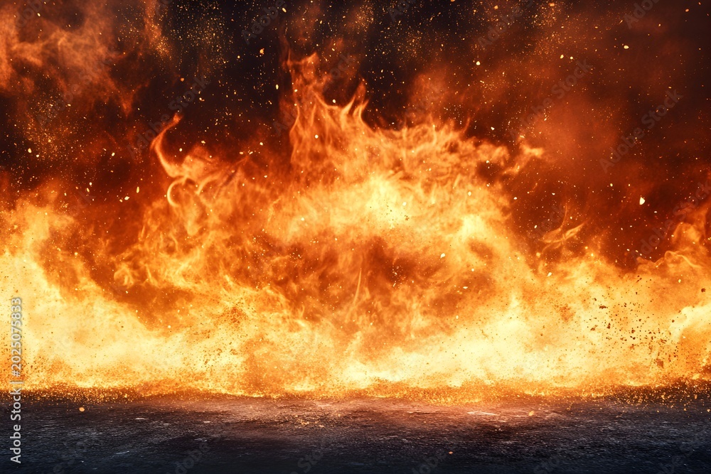 Fototapeta premium Intense orange fire flames with sparks against dark background
