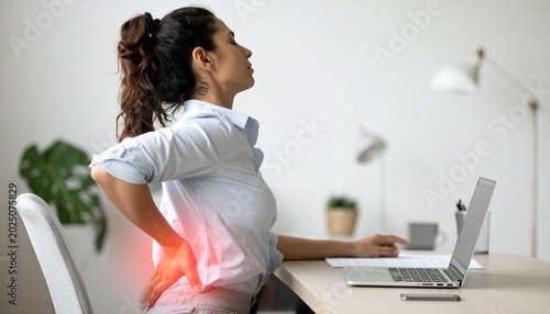 Distressed young woman struggling with severe lower back pain and discomfort, experiencing stress and fatigue from long hours of computer work at her home office desk