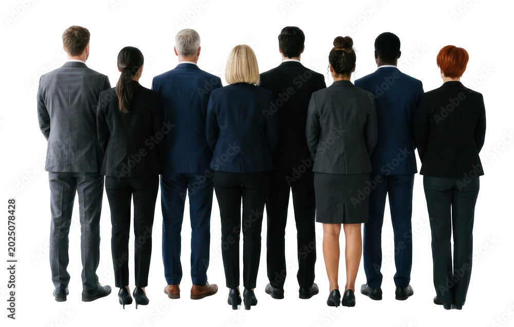 Fototapeta premium Rear view of a professional people png. back view, A group of eight professionals stand back-to-back against transparent png.