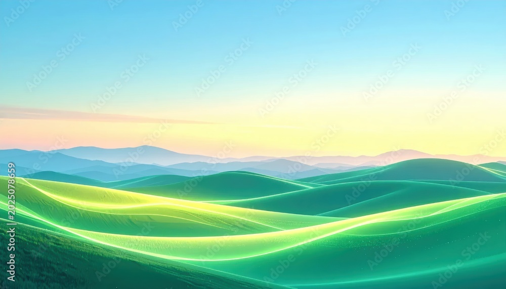 Obraz premium Ethereal Wavy Landscape with Glowing Green and Yellow Gradients Under a Serene Sky.