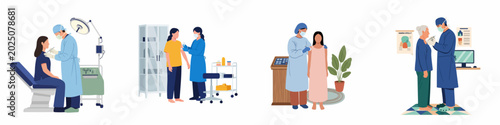 Quadro su tela Flat illustration set of medical procedures including vaccinations and minor surgeries with doctors and patients in various clinic settings
