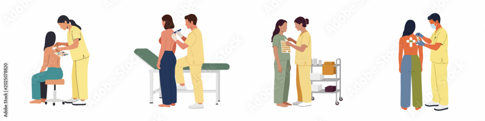 Obraz premium Flat vector illustrations of healthcare professionals performing allergy patch tests and skin prick tests on female patients in a clinical setting.