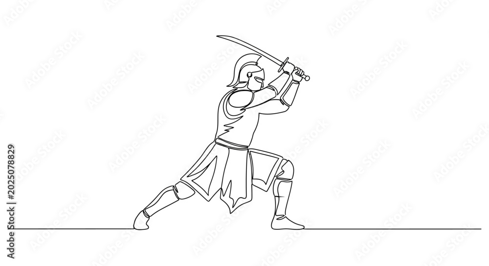 Fototapeta premium Warrior with Sword in Defensive Stance, Minimalist Line Art