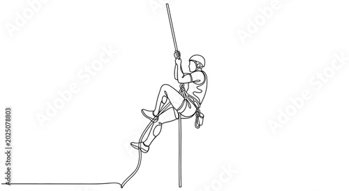 Foto Continuous line drawing of a person rappelling down a cliff face with a rope