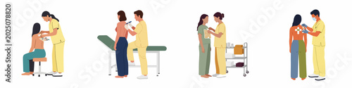 Fotografie Flat vector illustrations of healthcare professionals performing allergy patch tests and skin prick tests on female patients in a clinical setting