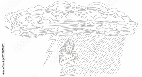 Fotografía Woman Huddled Under Stormy Cloud with Lightning and Rain