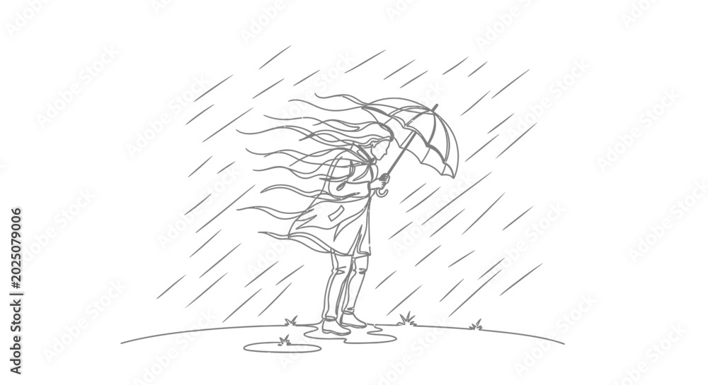 Fototapeta premium Woman with Umbrella in Stormy Weather - Line Art