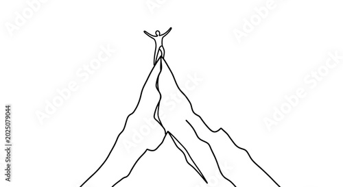 Silhouette of a person with arms raised in triumph on a mountain peak, hand-drawn style