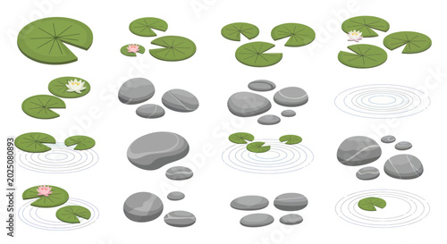 Canvas Print Zen Garden Elements: Water Lilies, Stones, Ripples - Vector Illustration