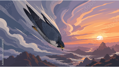 Peregrine Falcon Diving Sunset Landscape Illustration - Wildlife Action