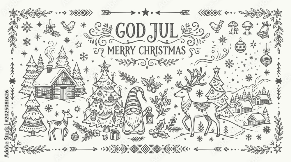Obraz premium Merry Christmas Nordic Gnome, Reindeer, Cabin, Tree, Snowflakes - Hand Drawn Illustration