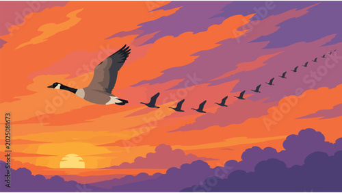 Tableau sur toile Flock of Geese Flying at Sunset, Bird Migration V Formation, Wildlife Nature Sce