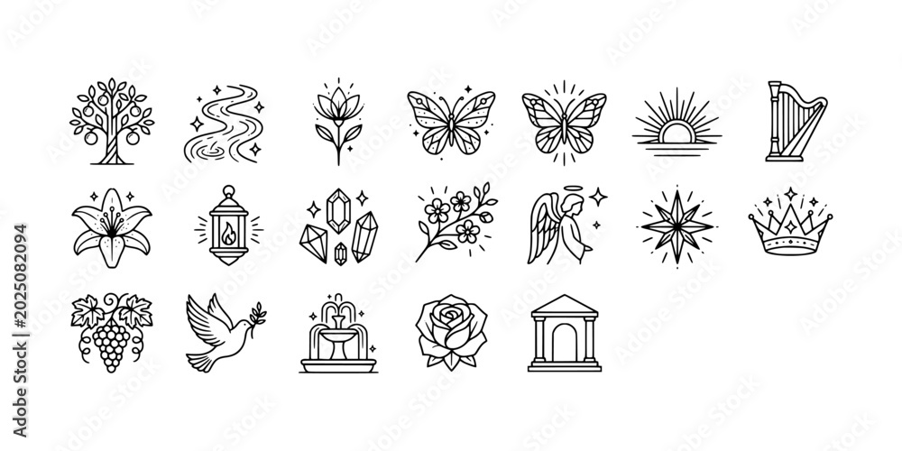Φωτογραφία Icon set collection of heavenly garden and eternal life line icons, with blooming flowers, butterflies, rivers, gems, and fountain symbols