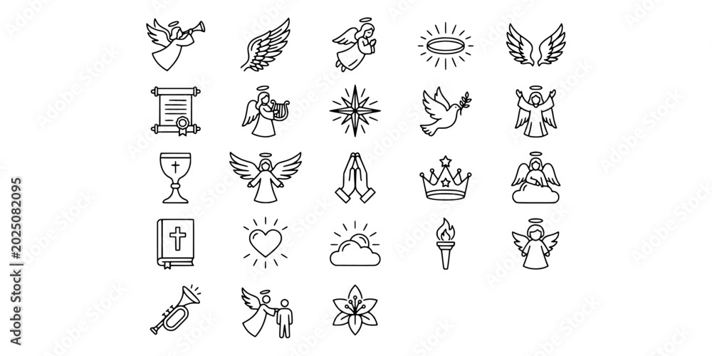 Ταπετσαρία Icon set collection of angelic messengers and heavenly worship line icons, featuring angels with trumpets, harps, wings, halos, and scrolls