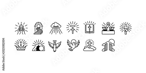 Fotografie Icon set collection of Christian resurrection and Easter line icons, featuring Jesus Christ, the cross, empty tomb, angels, and holy spirit symbols