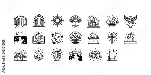 Bild auf Leinwand Icon set collection of heavenly paradise and kingdom of God linear icons, showcasing pearly gates, crowns, angels, thrones, and tree of life