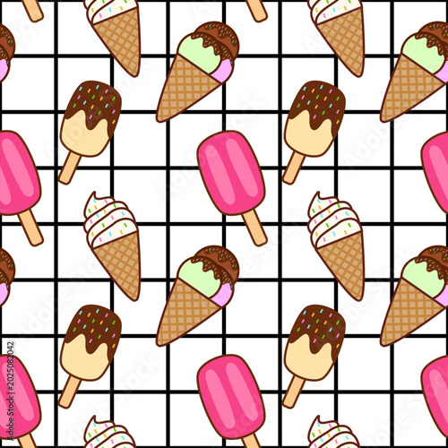 Playful seamless vector pattern showcasing assorted ice cream treats arranged across a clean white background enhanced with thin black grid lines for a trendy modern aesthetic. Repeating dessert compo