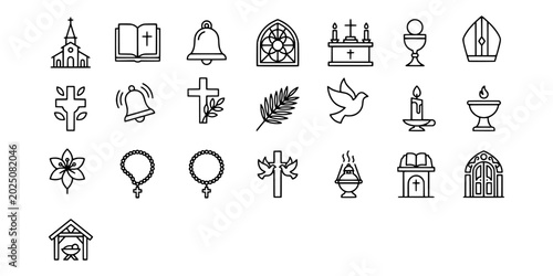 Tableau sur toile Icon set collection of catholic church and liturgical line icons, featuring cathedrals, bibles, rosary beads, bells, chalices, and altar crosses