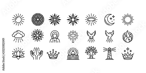Bild auf Leinwand Icon set collection of divine light and spiritual glory line icons, with sun rays, stars, crosses, holy figures, doves, and crowns