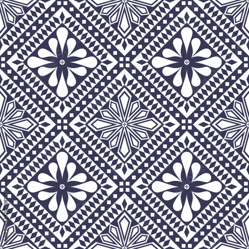 Seamless tribal vector pattern featuring white diamond motifs, geometric ornaments, and floral symbols on a bright blue background inspired by indigenous woven textiles and traditional folk fabrics.