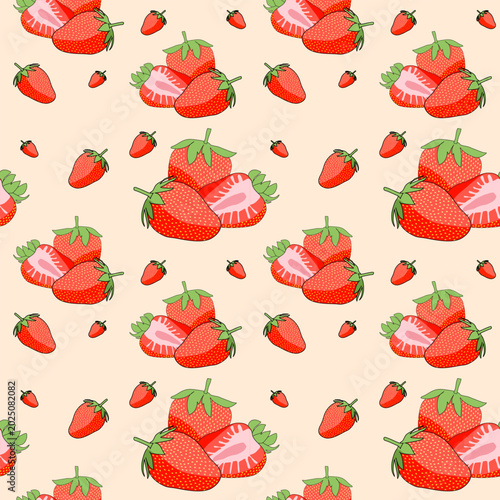 Soft pastel orange seamless vector pattern featuring ripe strawberries, delicate berry slices, tiny blossoms, leafy stems, and playful botanical accents arranged in a balanced repeating composition.