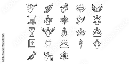 Tableau sur toile Icon set collection of angelic messengers and heavenly worship line icons, featuring angels with trumpets, harps, wings, halos, and scrolls