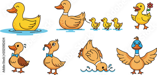 Photos Cute Cartoon Duck and Duckling Icon Set with Swimming, Walking, Diving, and Fami