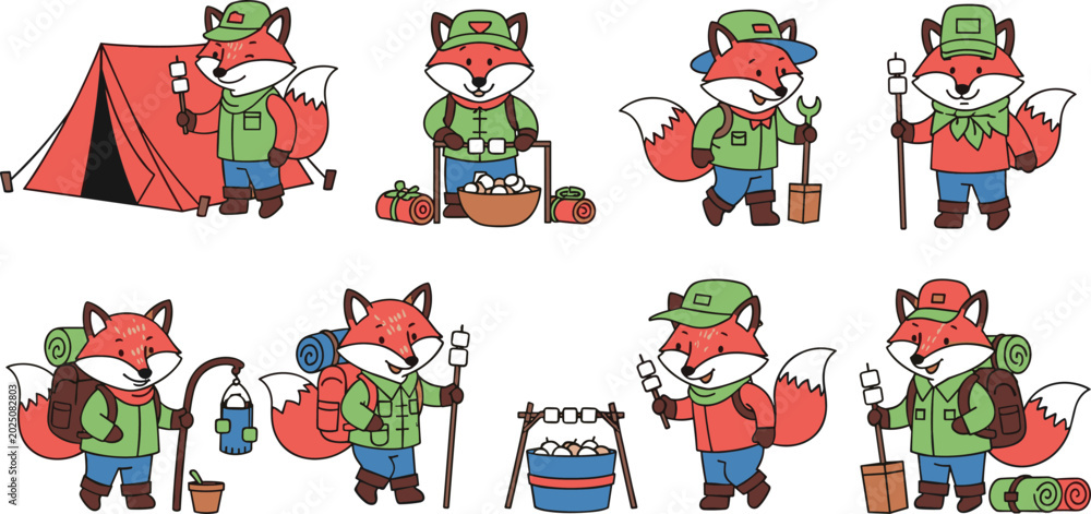Fototapeta premium Cute Cartoon Fox Camping and Hiking Icon Set with Tent, Backpack, Campfire, and Outdoor Adventure Poses for Nature and Kids Designs