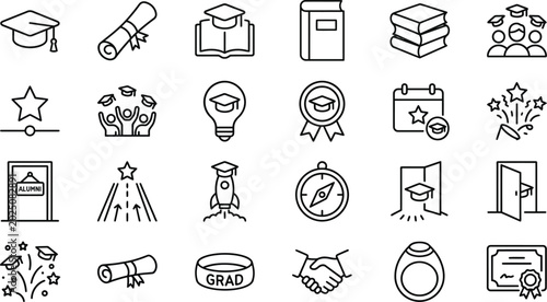 Collection of graduation and achievement icons including diploma cap and certificate