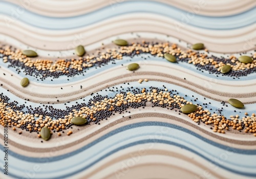 Colorful Beads and Sequins Arranged on Wavy Paper Surface.