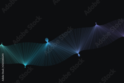 Φωτογραφία Wavy gradient lines emanating from nodes on black background, abstract wave
