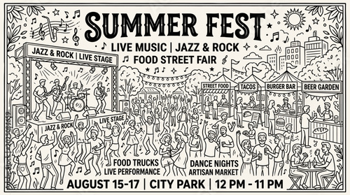 Photography Summer Fest Hand-Drawn Illustration: Live Music, Food Trucks, Artisan Market