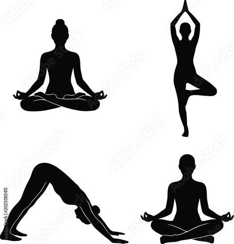 Silhouette of four people in various yoga poses