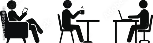 Vector illustrations of people sitting and using devices in various settings