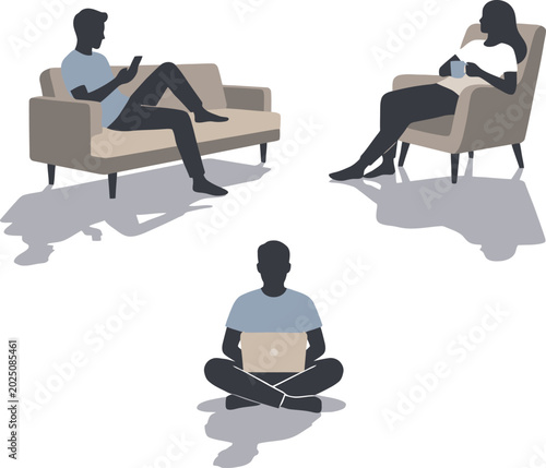 Vector illustration of people sitting with devices on couch and chair