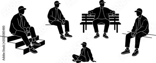 Black and white illustration of men sitting in various poses on different surfaces