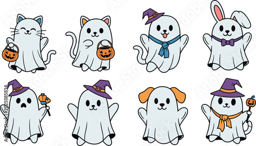 Photography Cute Halloween Pets Vector Set Featuring Cats, Dogs, and Bunnies Dressed as Ghos
