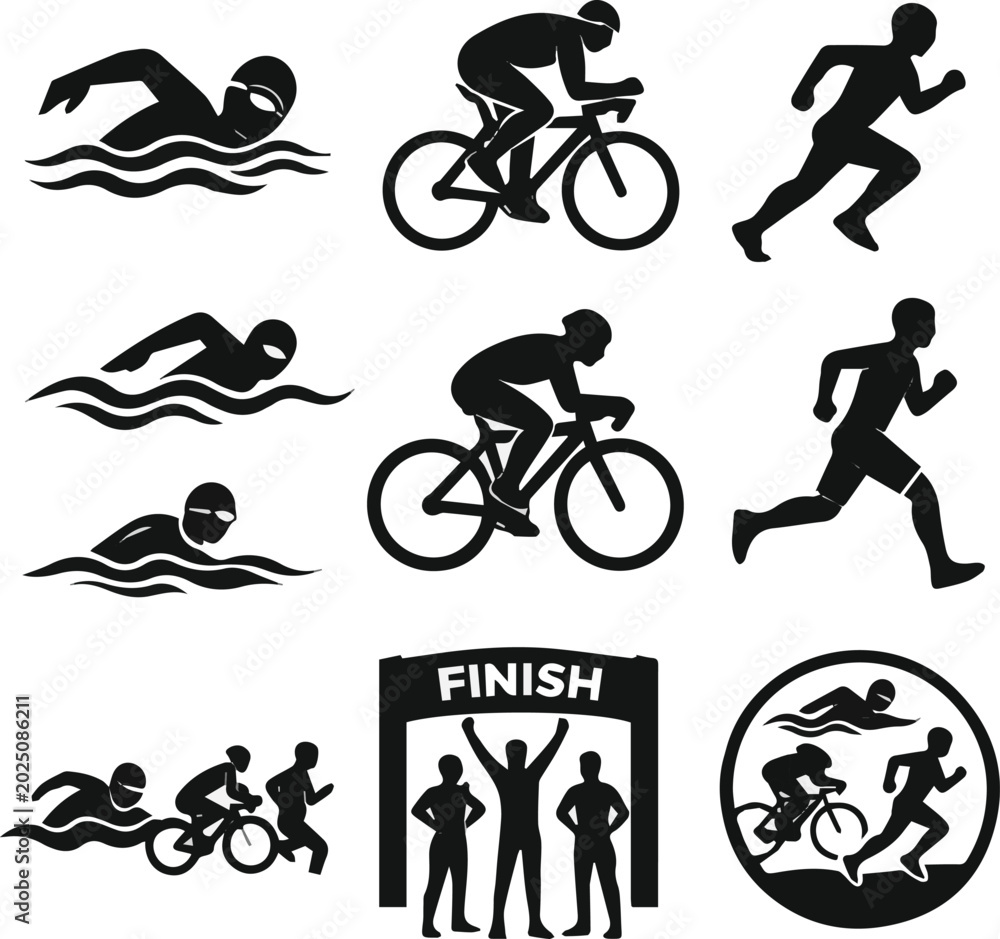 Fototapeta premium Isolated on Triathlon sports icons set silhouttes vector art on white background