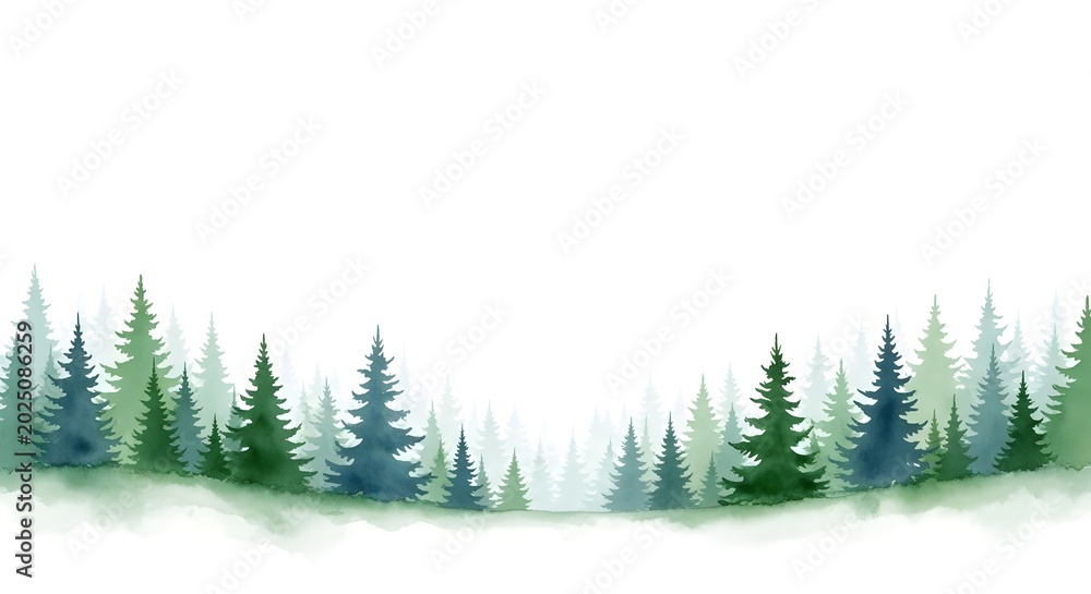 Obraz premium Watercolor Pine Forest Border Illustration on White Background