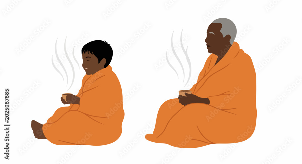 Fototapeta premium Minimalist vector illustration of two meditating monks in orange robes with steam rising from cups. Flat design style for spiritual or wellness branding.