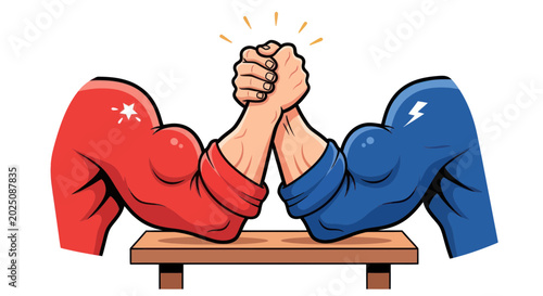 Fotografía Arm Wrestling Competition: Red vs Blue Arms, Strength Battle