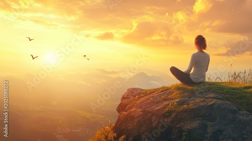 Woman meditating on mountain peak at golden sunrise