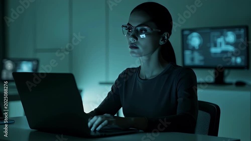 Focused Woman with Glasses Working on Laptop in Dark Office Setting with ai generated