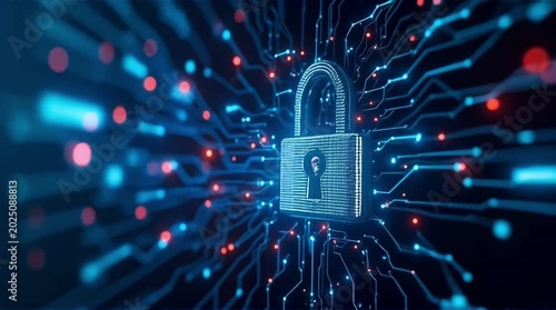 Digital security concept with a padlock on a circuit board protecting data